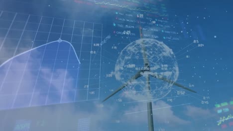 animation of financial data processing and globe over wind turbine