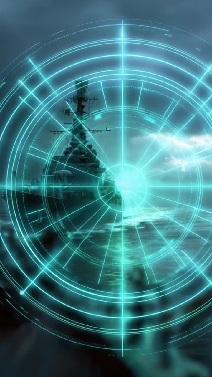 Una nave da guerra futuristica che naviga attraverso mari in tempesta con tecnologia radar avanzata e un cielo drammaticamente coperto sullo sfondo