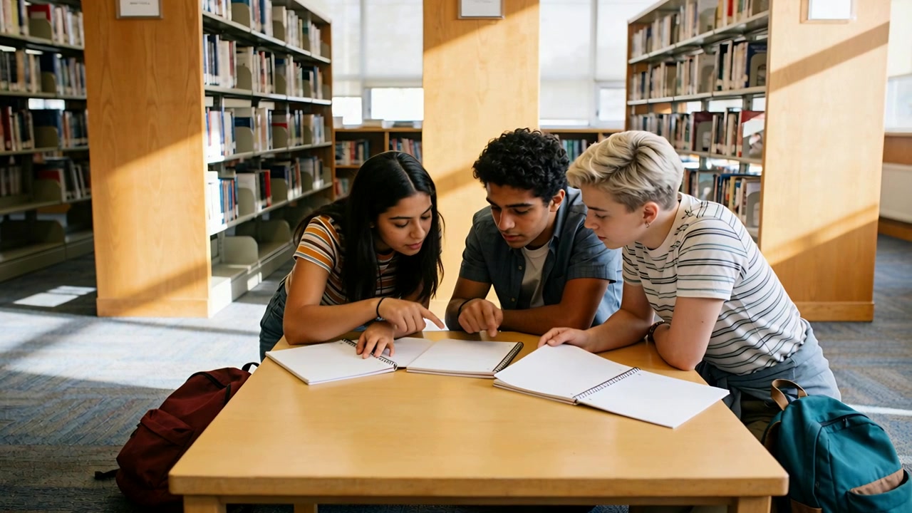 Leaning students in striped shirts pointing at same page after page-turn at library table, studying