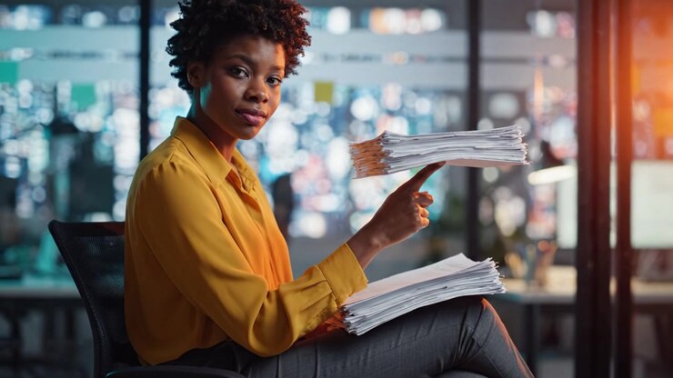 Professionista concentrato che esamina documenti in un ambiente d'ufficio contemporaneo, evidenziando determinazione ed efficienza nella gestione della documentazione e dell'organizzazione