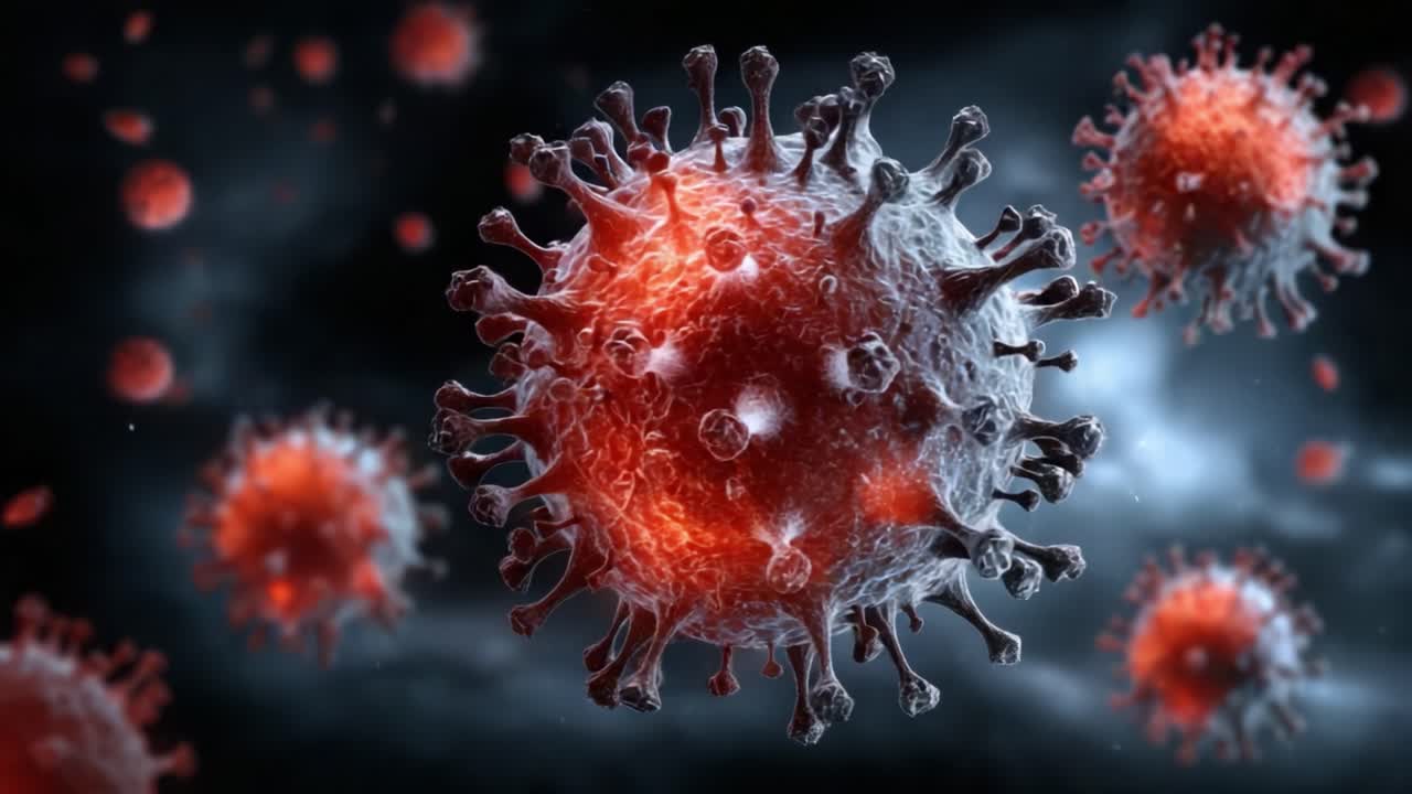 Detailed Visualization of Viral Particles Showcasing Their Structure and Dynamics in a Dark, Atmospheric Environment Representing Infectious Agents