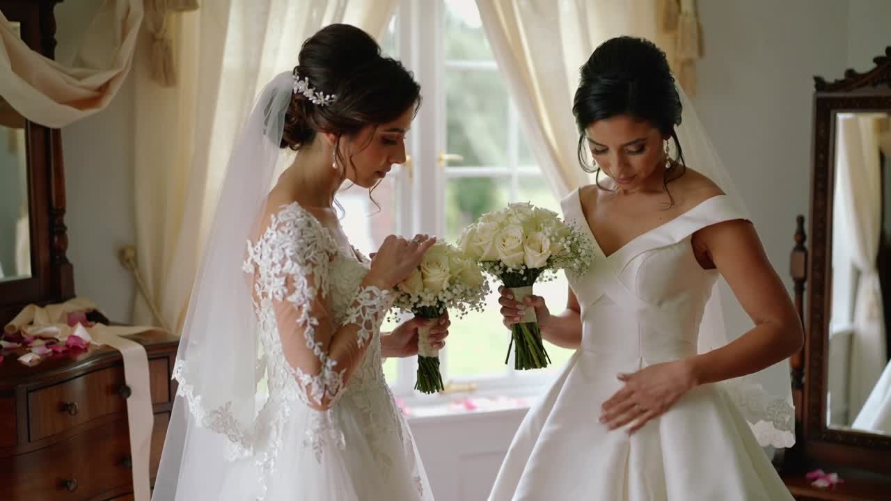 Comparing veiled bride in lace and bridesmaid in satin before ceremony in parlor, holding bouquets