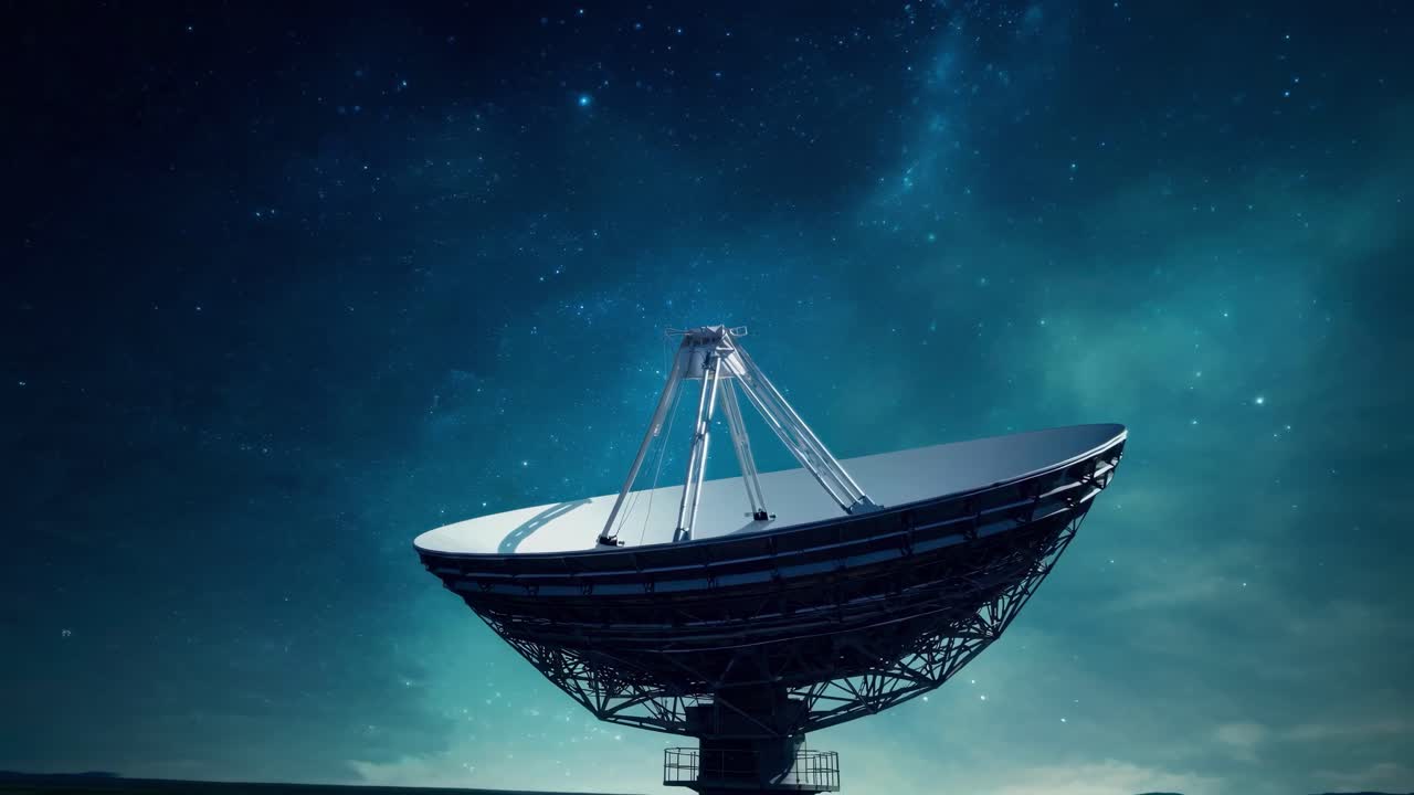 Low-angle video shot of a large satellite dish under a starry night sky, capturing a sense