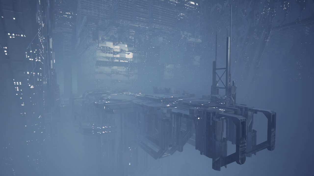 Futuristic city in the sky with advanced structures and misty atmosphere