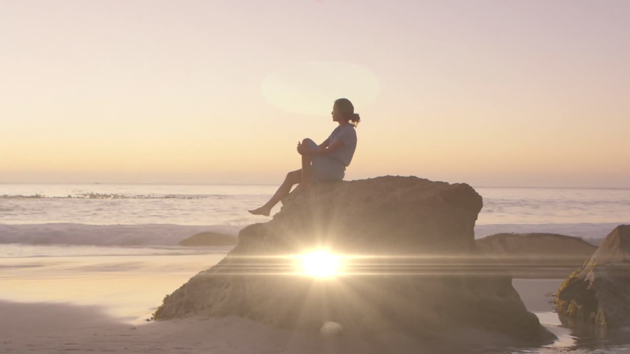슬프고 외로운 백인 여성 위에 반 ⁇ 이는 불빛의 애니메이션