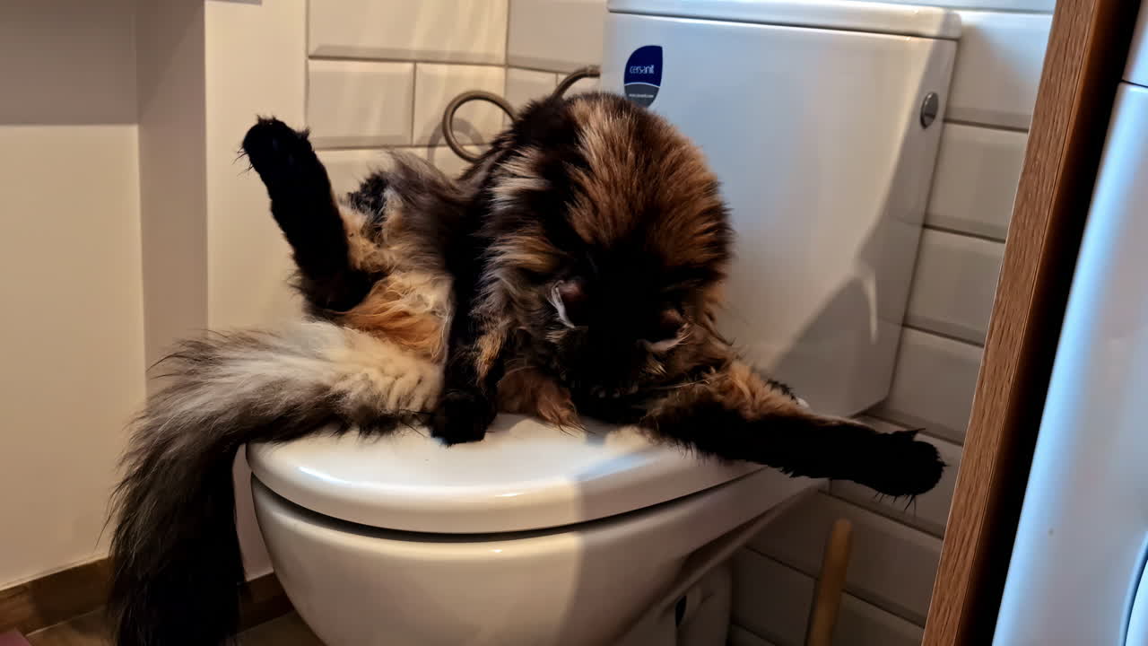 Maine Coon Cat Grooming Itself on a Toilet
