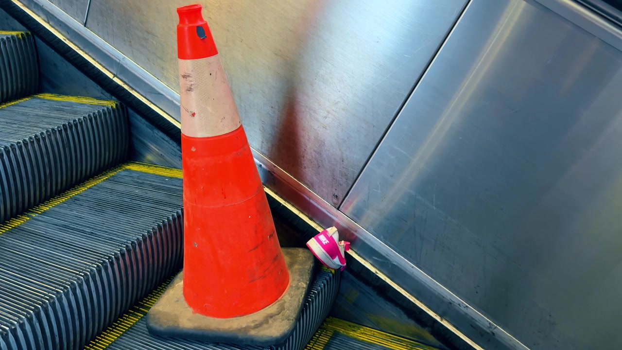 New York, USA, 22 marzo 2026: Primo piano di un pilone di sicurezza sui gradini metallici di una scala mobile. Inquadratura dal basso di un cono stradale arancione posizionato su una scala mobile per manutenzione