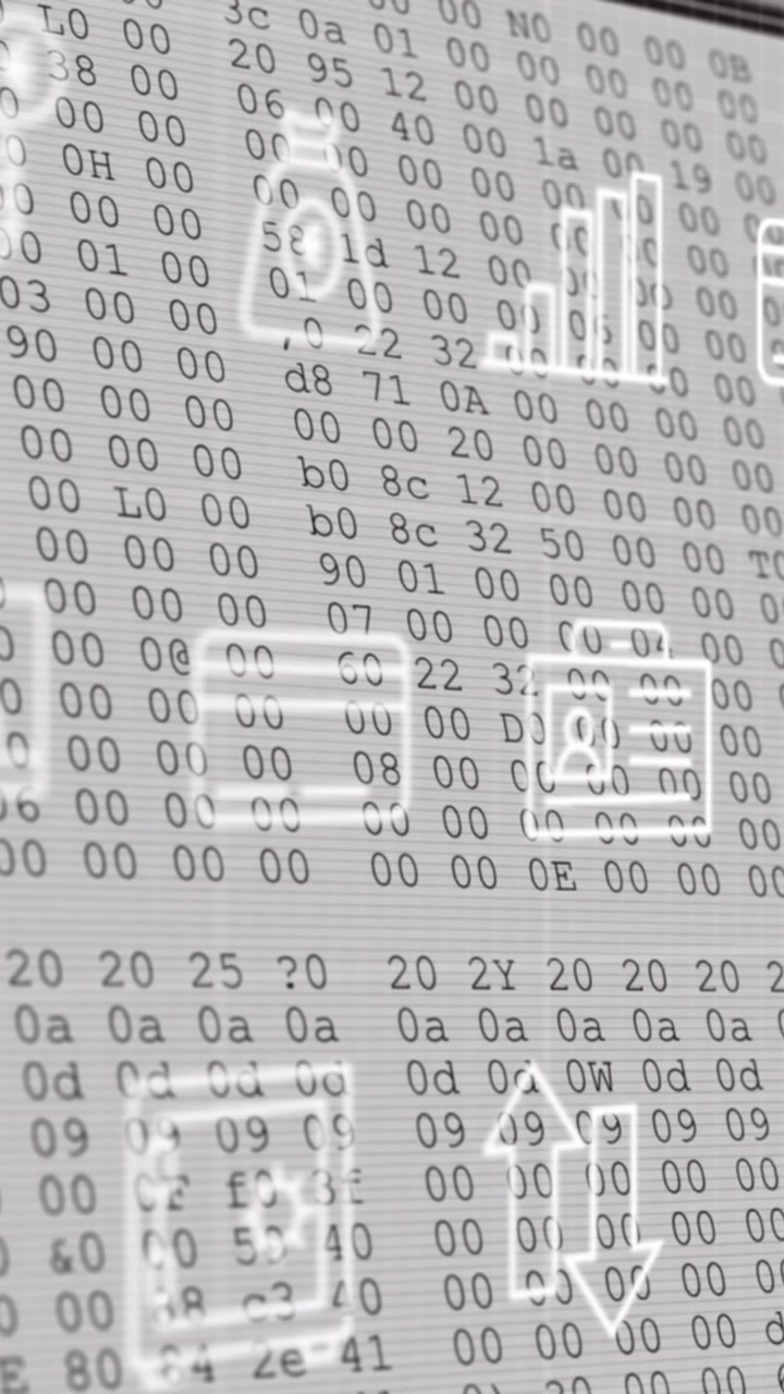 Animation mehrerer digitaler Symbole über Datenverarbeitung vor weißem Hintergrund.