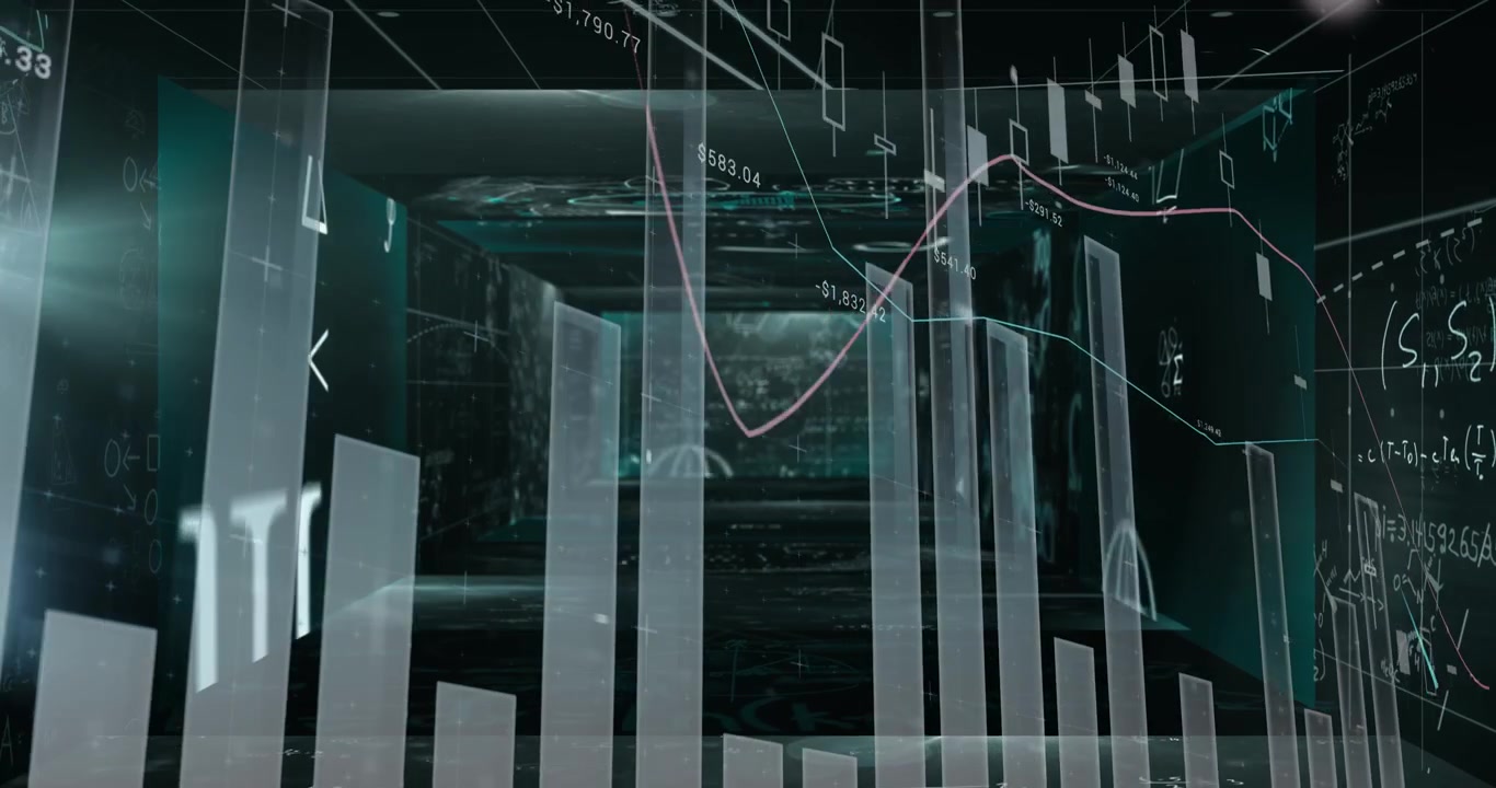 Animation of financial data processing on black background
