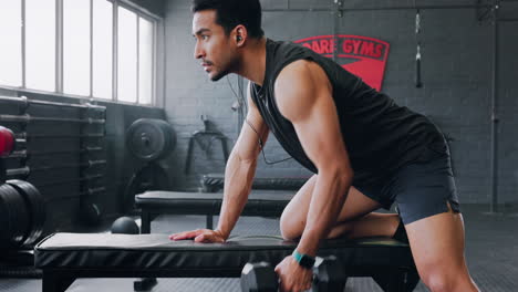 dumbbell row, fitness and man in a gym strength