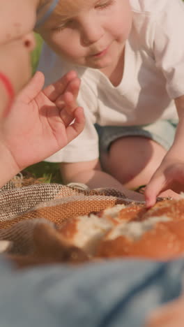 un primer plano de dos niños jóvenes con camisetas blancas, uno acostado y el otro inclinado sobre una manta de picnic a cuadros en un campo cubierto de hierba. están comiendo pan juntos