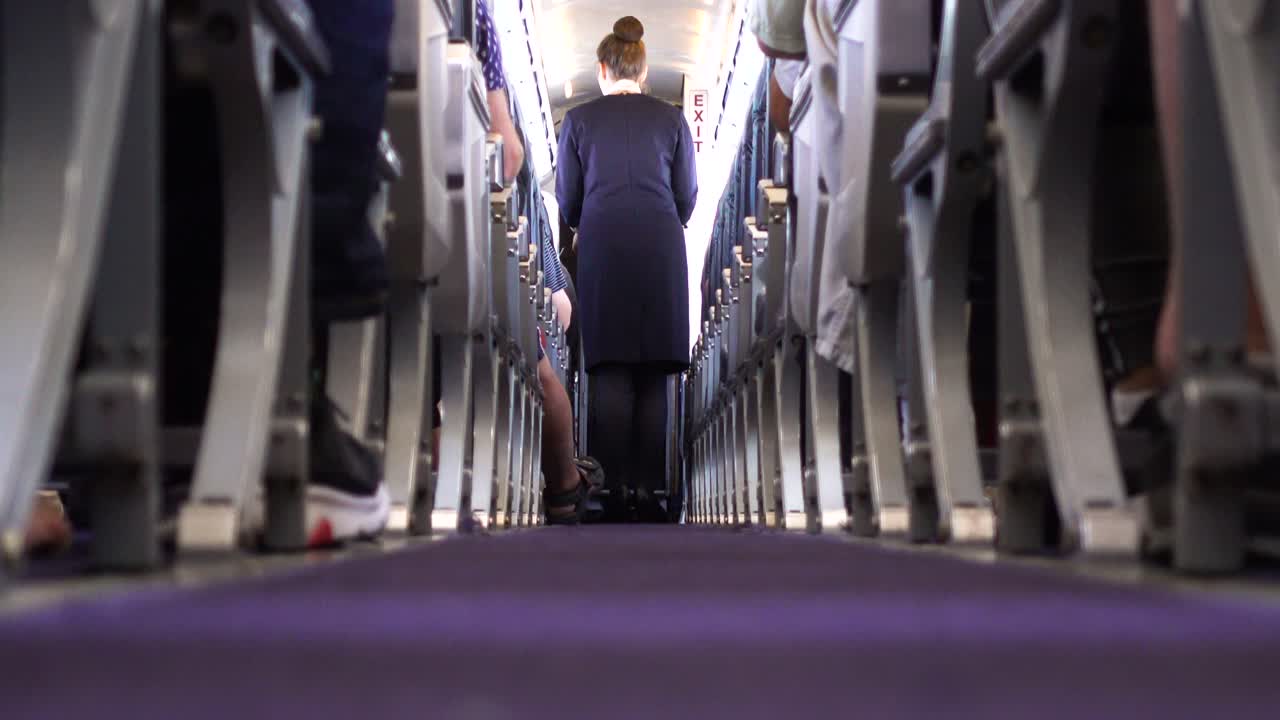 Comissários de bordo a servir comidas e bebidas aos passageiros no avião, tomada do corredor central baixo, filas de assentos com passageiros