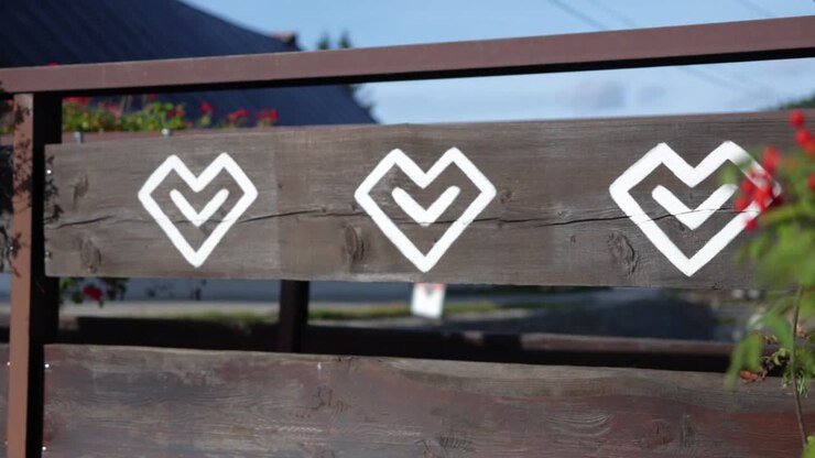 Ornamental traditional Slovakian symbols are painted on a wooden rural village house in Čičmany, Slovakia, worlds cultural heritage, a famous landmark in central Europe, plants revealing wooden fence