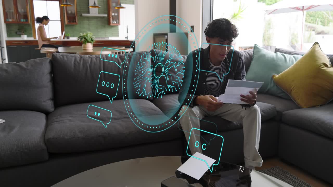 Man on sofa picking letter, reviewing mail while teal AI overlays float over papers, signaling tech
