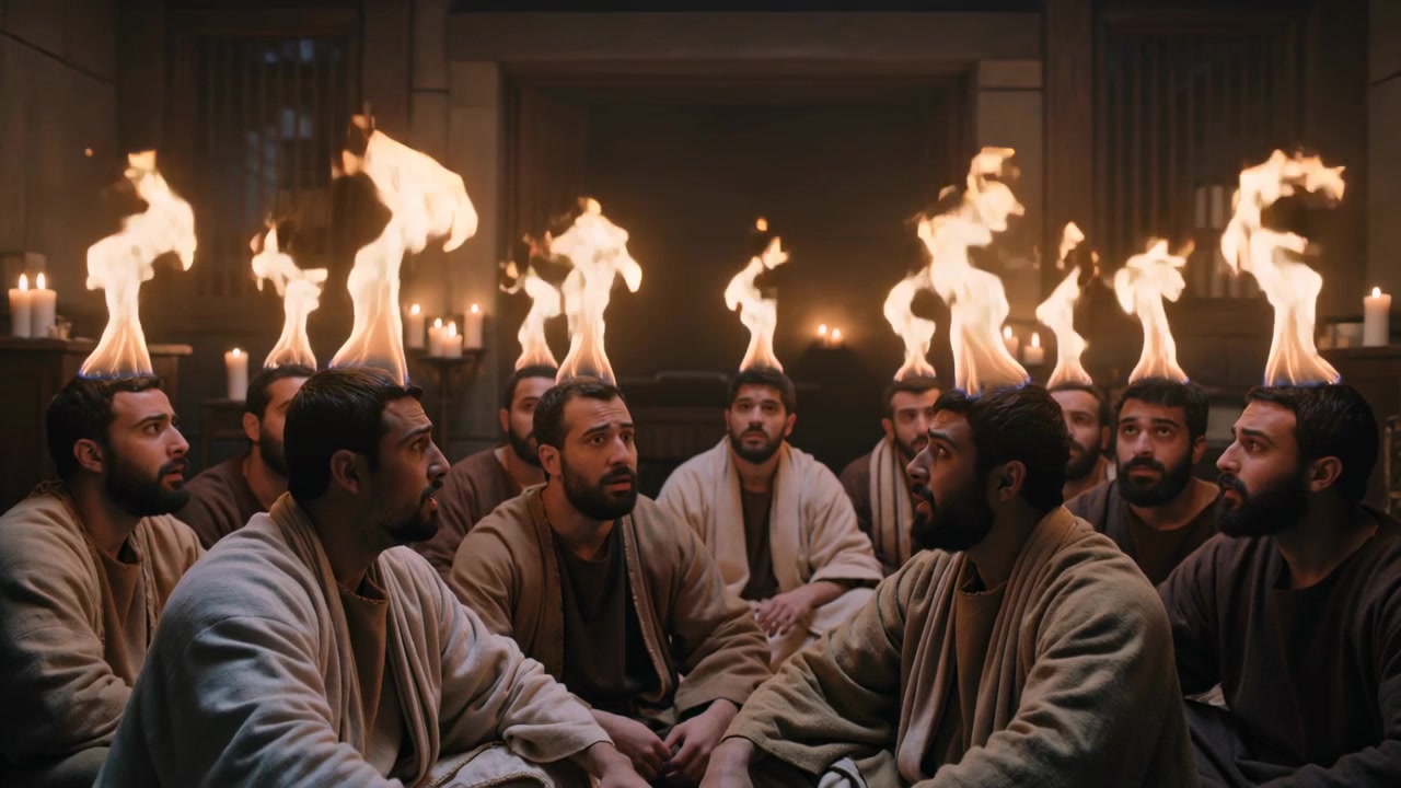 Reacting to flames rising above heads, men turning to fire in wood hall, robes, candles glowing