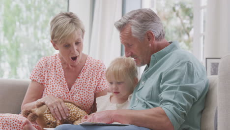 grandparents sitting on sofa with granddaughter at home reading book together