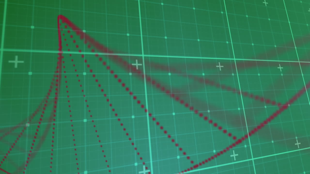 녹색 격자 위에 회전하는 나선형의  ⁇ 은 입자의 애니메이션