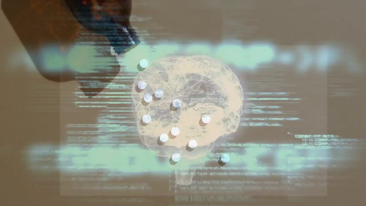 Green code scrolling, projected brain with pills shifting as bottle tipping, showing pill effect