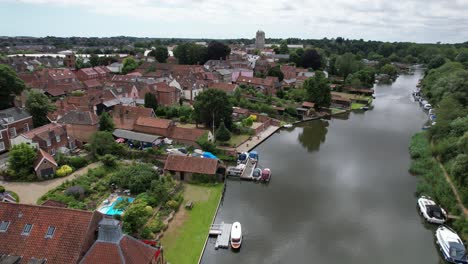 river waveney, beccles town in suffolk uk drone aerial view