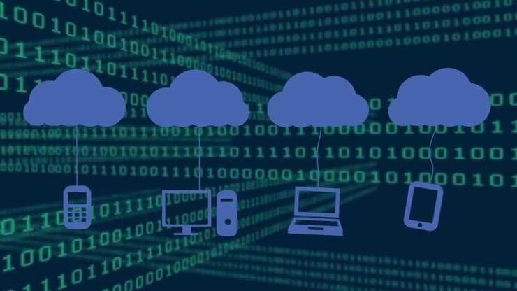 Animation of cloud icons and data processing over dark background