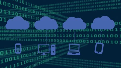 Animation-Von-Wolkensymbolen-Und-Datenverarbeitung-Auf-Dunklem-Hintergrund