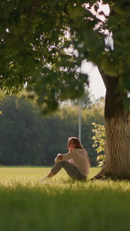 woman sits under tree with arms folded over her legs, gazing thoughtfully into distance, gentle sunlight filters through swaying leaves,with background greenery and distant goalpost on open field