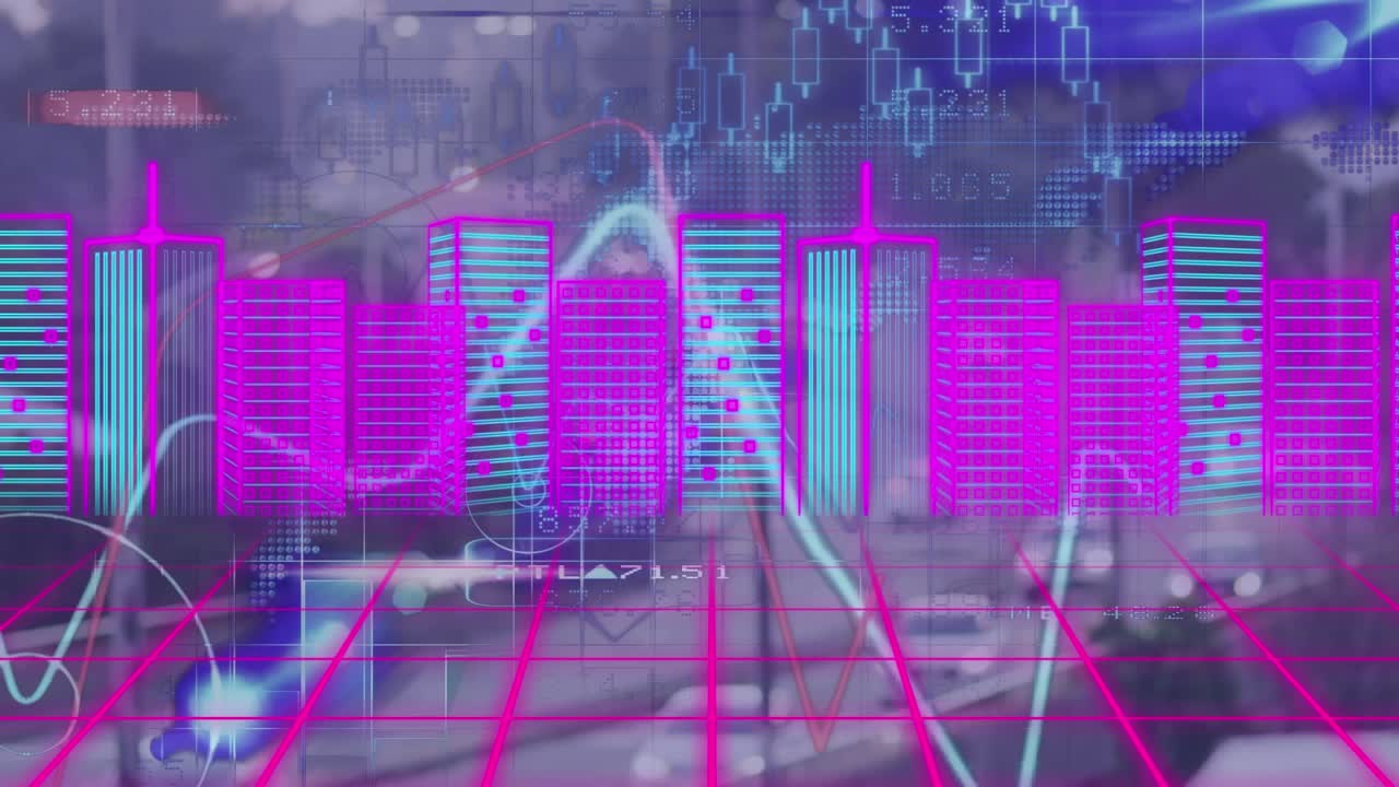 Animation of digital city and data processing over cityscape