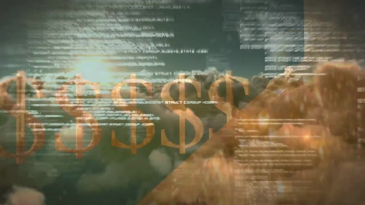 Simboli del dollaro dorati che scorrono da sinistra dopo l'alba, formando una banda continua che visualizza la finanza