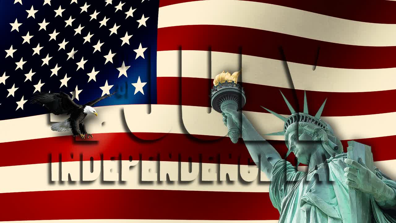 자유의 동상, 날아다니는 독수리, 그리고 문장 - 7월 4일 독립의 날 - 배경에는 흔들리는 미국 발이 있습니다.
