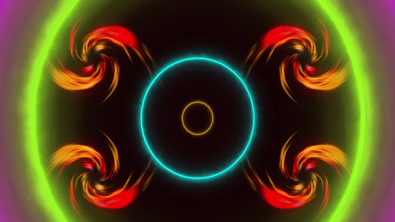 animación de llamas en espiral y círculos de neón sobre fondo negro