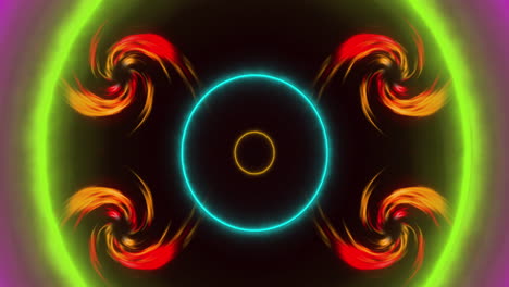 animación de llamas en espiral y círculos de neón sobre fondo negro