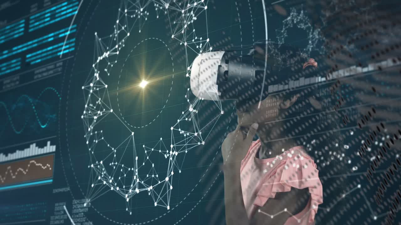 vr 헤드과 디지털 록에서 두 인종의 소녀를 통해 연결의 애니메이션