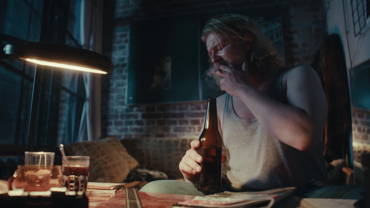 Man Drinking and Smoking at Night