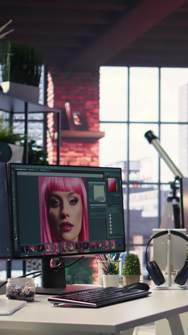 Vertical Video Inspiring creative workspace with professional editing software and AI chat bot