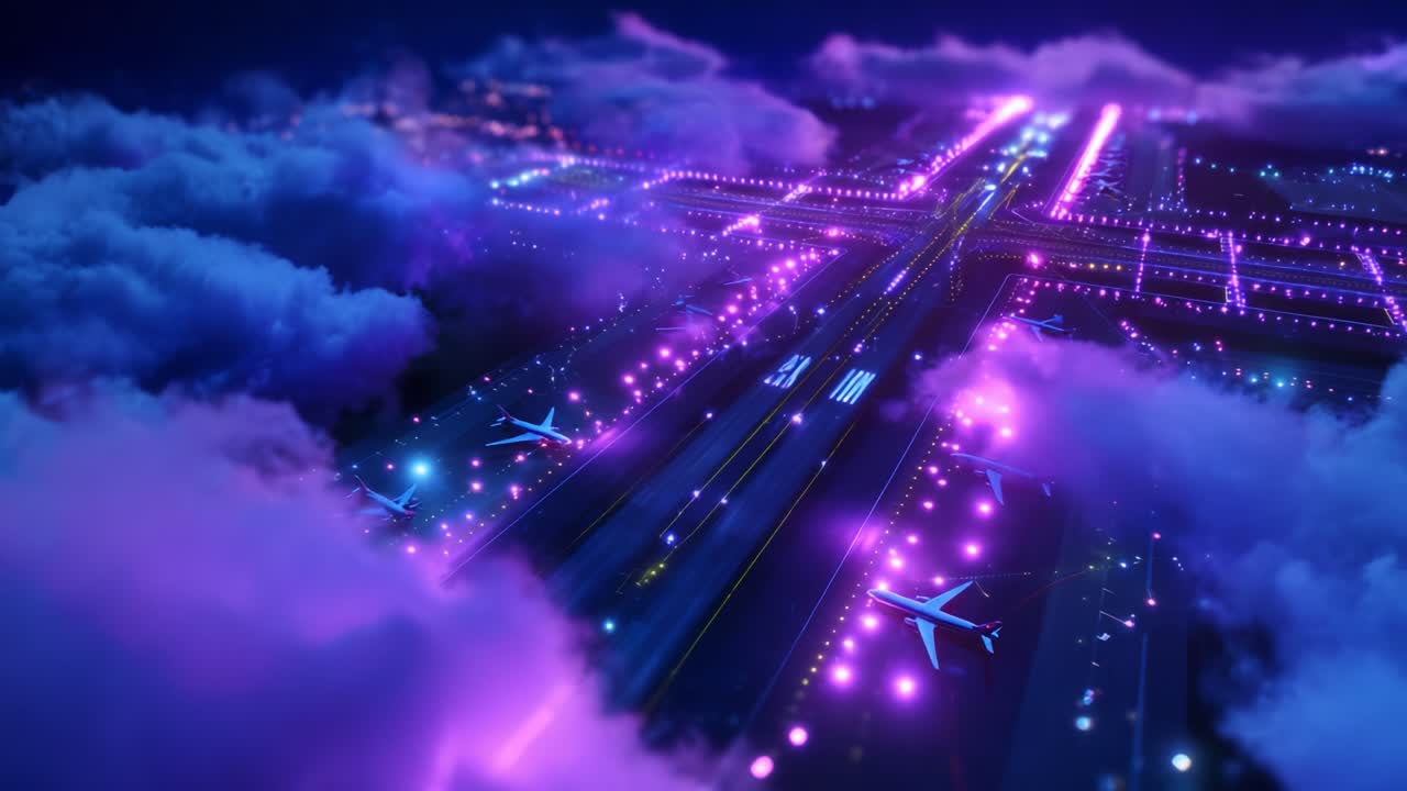 Aerial View of a Futuristic Airport with Vibrant Neon Lights and Clouds, Highlighting the Dynamic Runway, Air Traffic, and Modern Aircraft Against a Night Sky Backdrop