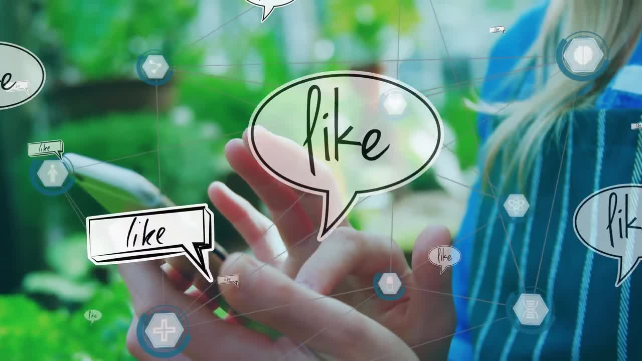 스마트폰을 사용하는 백인 여성에 대한 미디어 아이콘의 애니메이션