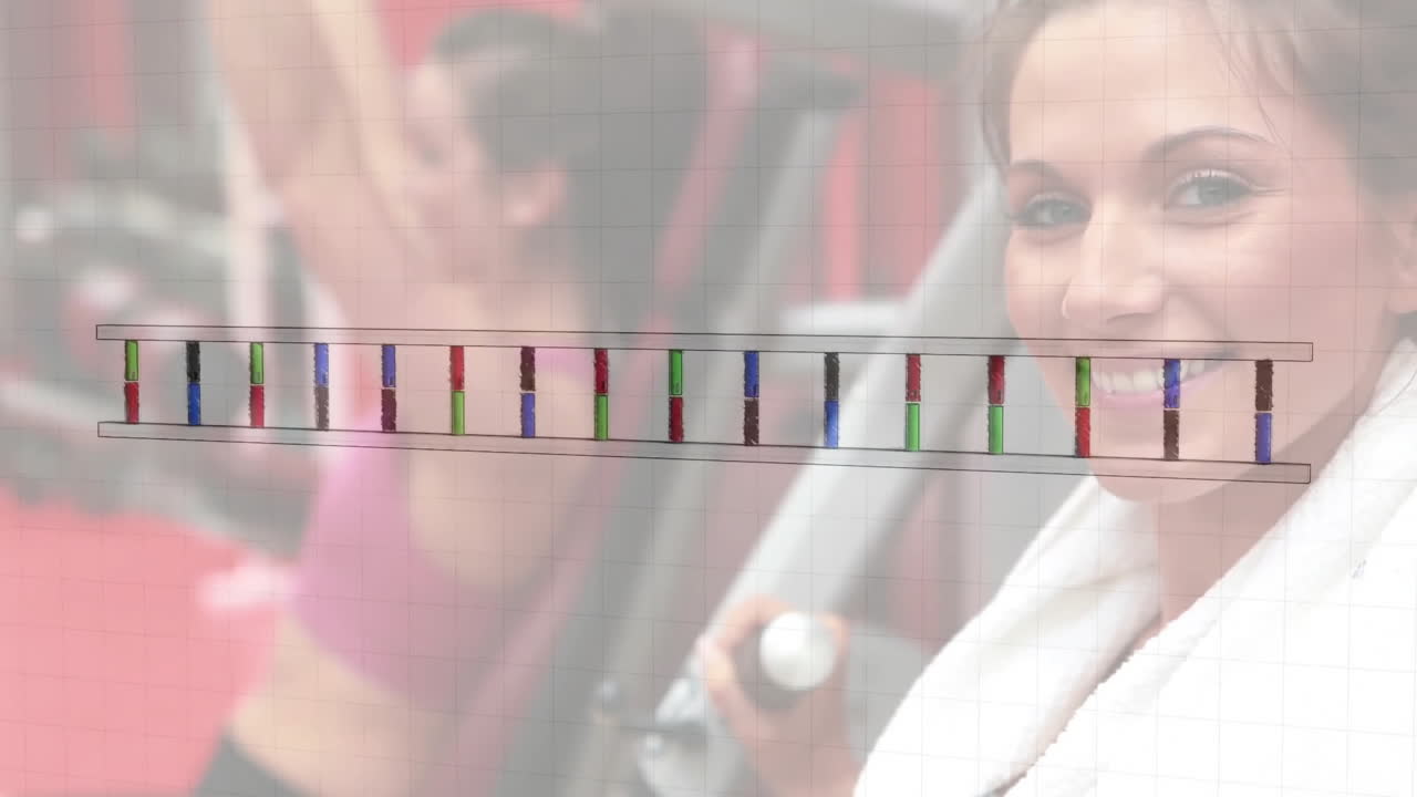 animación de cadena de adn sobre mujeres caucásicas haciendo ejercicio en el gimnasio