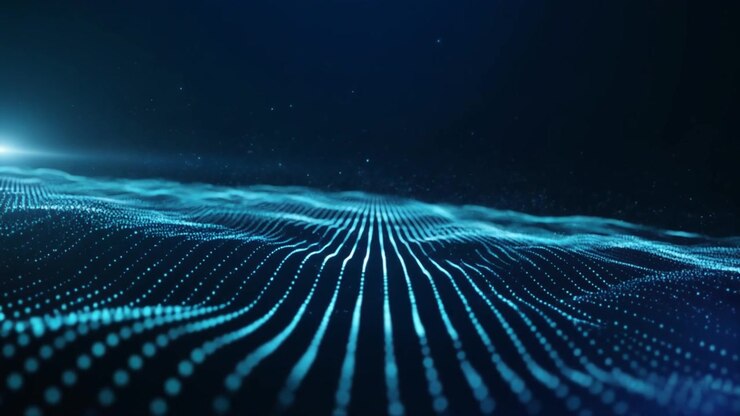 Sfondo astratto con movimento di onde di particelle digitali blu