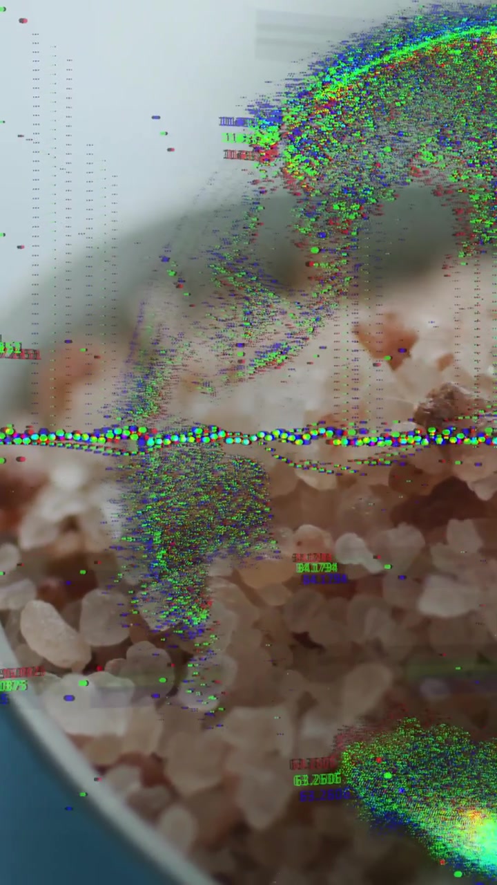 Vídeo vertical: Costura de rastreamento surgindo, nuvem de pontos varrendo sal rosa, mapeando dados de movimento