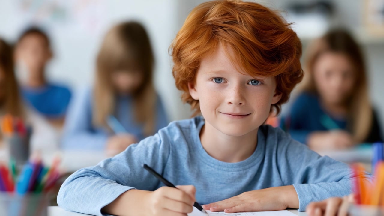 Un Giovane Ragazzo Immerso nella Creatività: Catturare la Gioia del Disegno in un'Aula con i Compagni di Classe sullo Sfondo