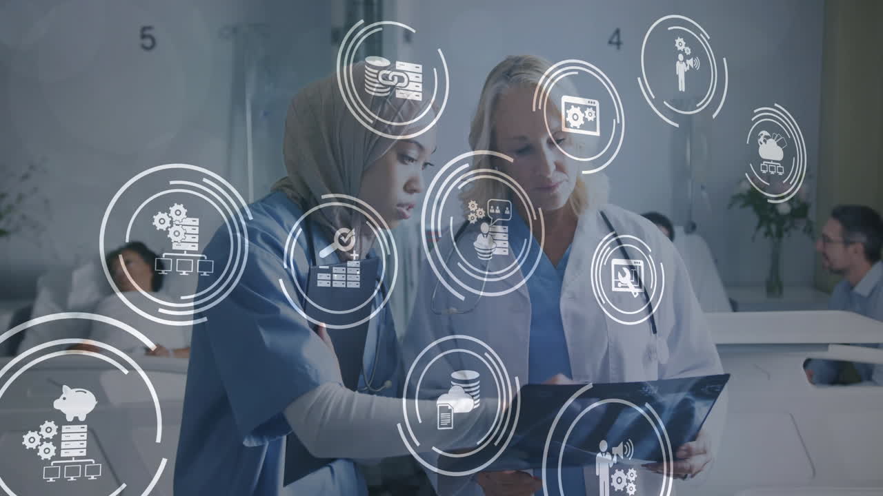 Medical data processing animation over doctors examining X-ray in hospital