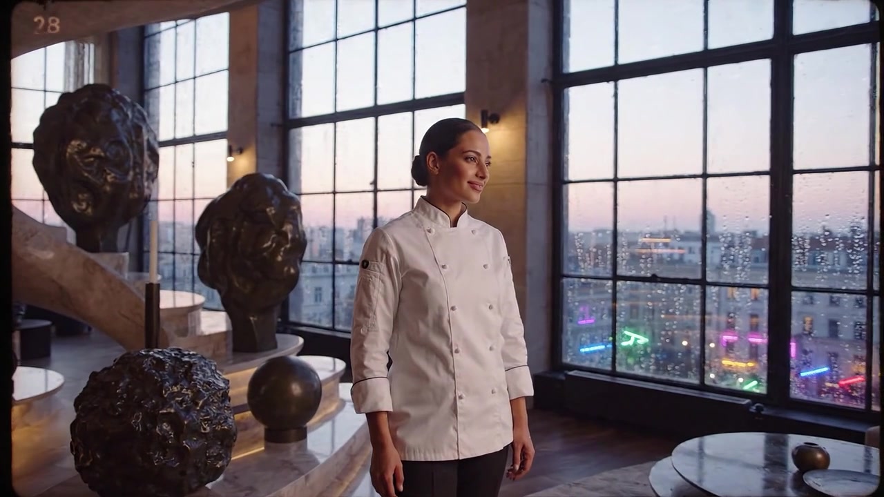 En talentfuld kok står elegant i en stilfuld restaurant, der viser en elegant atmosfære forstærket af markante skulpturer og en malerisk udsigt over byens skyline