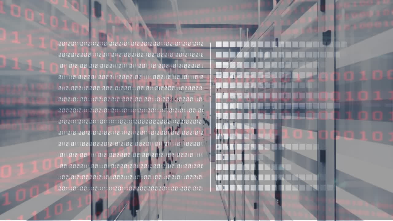 Animation of interface with data processing and binary coding against computer server room