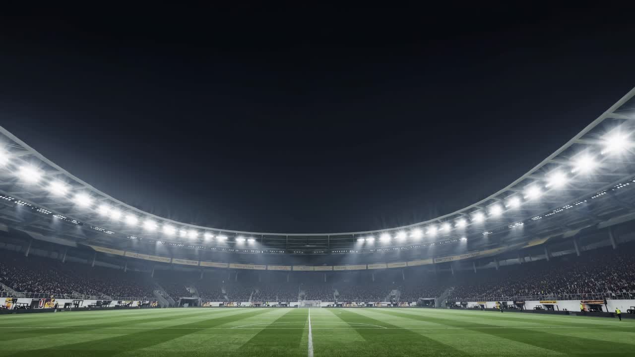 Floodlights casting bright beams over a packed soccer stadium during an evening match, creating an electrifying atmosphere filled with excitement and passion under the darkening sky