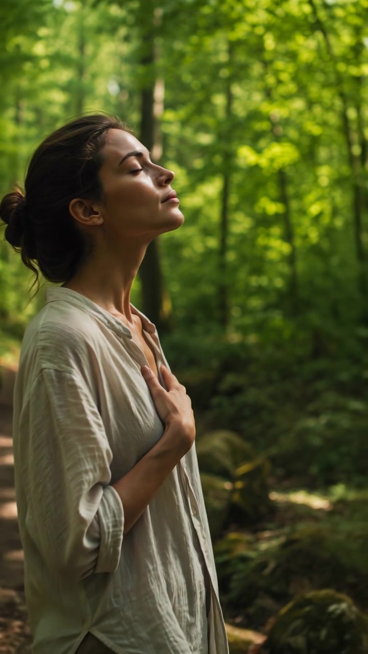 Il profilo laterale segue una donna che avanza attraverso un bosco frondoso mentre il suo sguardo si sposta dalle cime degli alberi al sentiero davanti a sé, con luce solare filtrata, fogliame verde e pietre muschiose intorno a lei