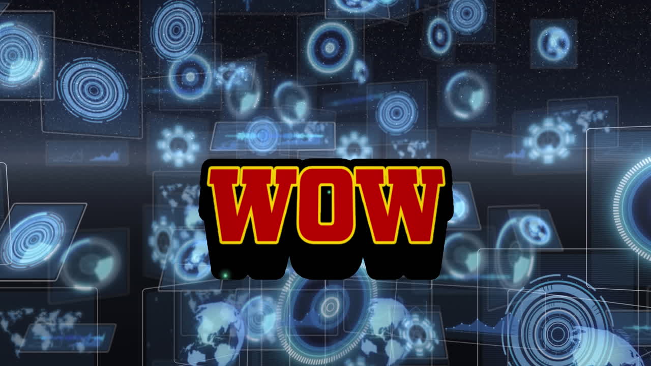 검은 바탕에 와우 텍스트와 데이터 처리의 애니메이션