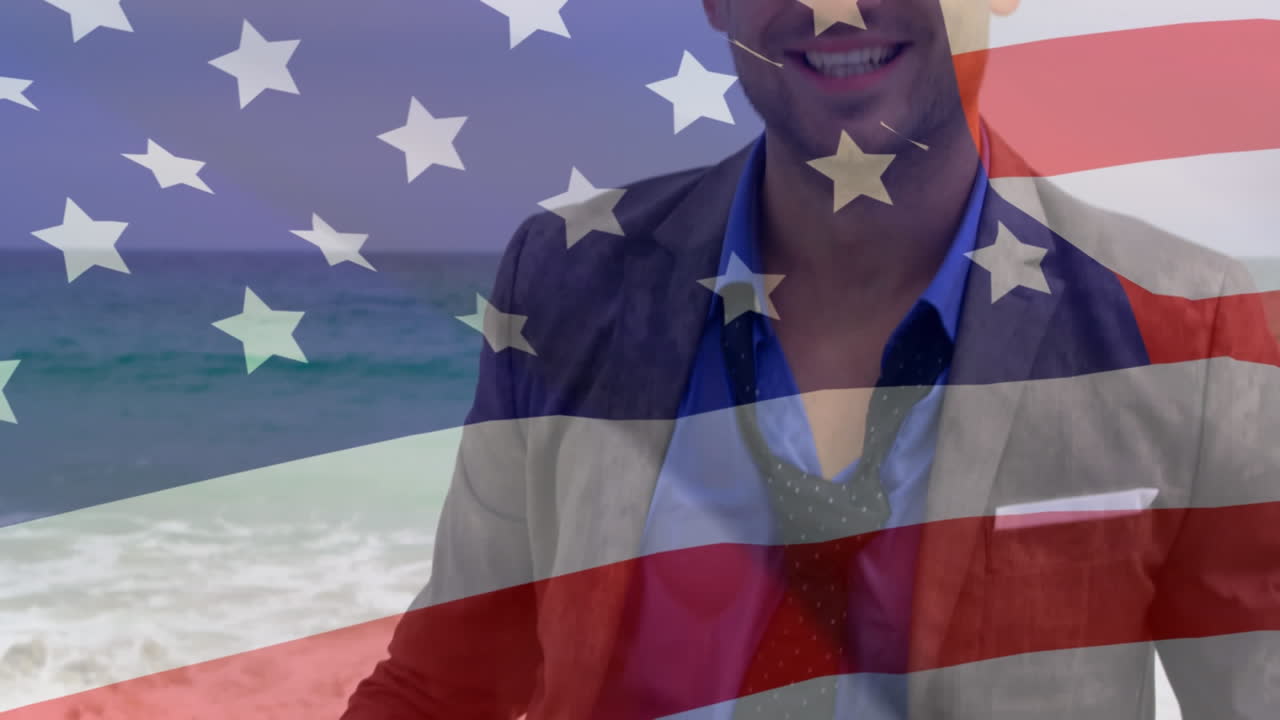 미국 국기를 흔들며