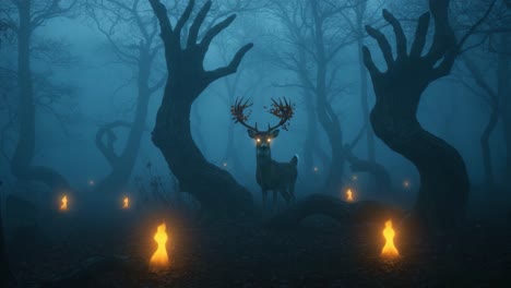 enigmatic forest scene: a majestic deer with glowing antlers stands amidst twisted trees and ethereal lights in a mystical foggy atmosphere