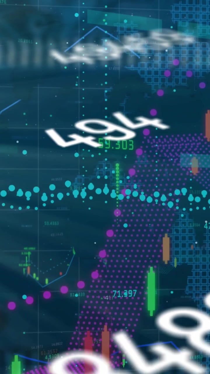Animation of changing numbers and financial data processing over close up of a circuit board