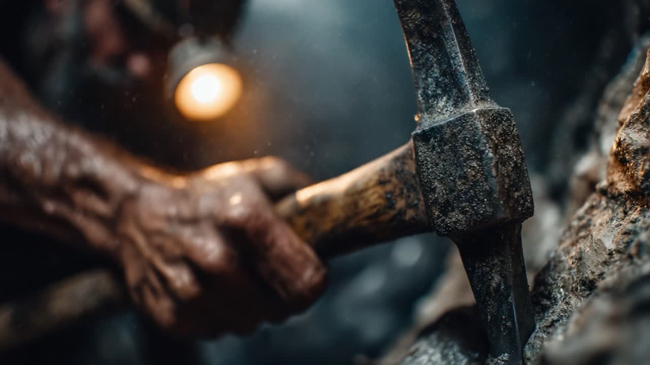 A Dedicated Miner Skillfully Utilizing a Hammer to Extract Precious Minerals from the Earth, Highlighting the Grit and Labor Involved in Mining Activities